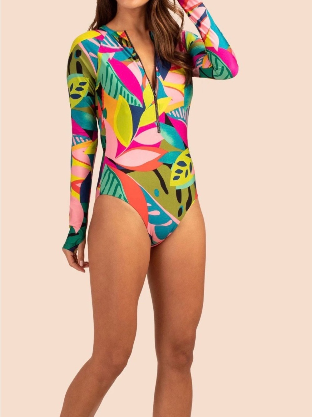 Trina Turk Rainforest One Piece Swimsuit Long Sleeve Rash Guard NWOT size M